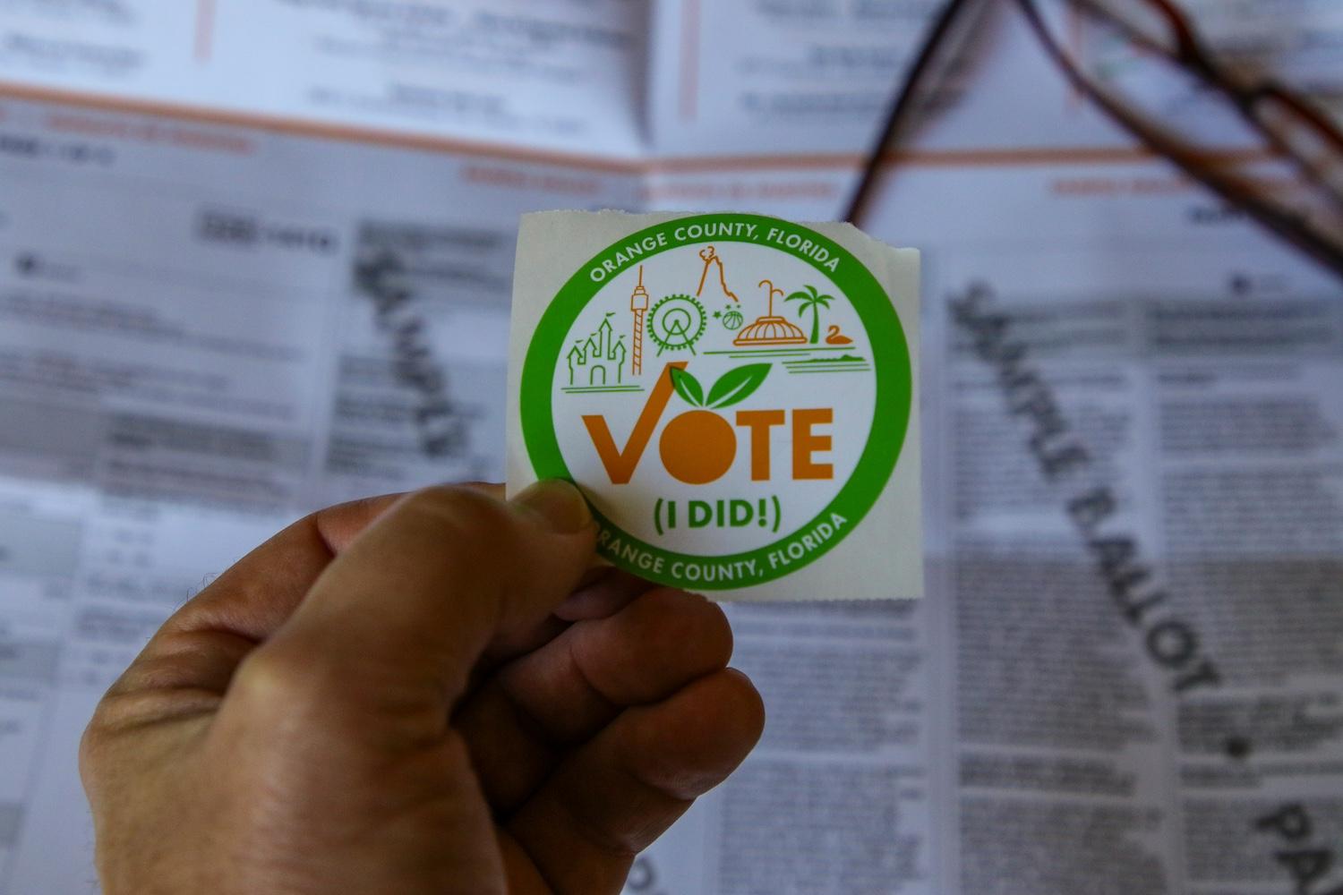 An "I voted" sticker for Orange County, Florida — voting rights